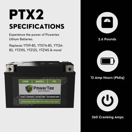 PowerTex Batteries YT12A-BS LiFePO4 Lithium Iron Phosphate Motorcycle Battery