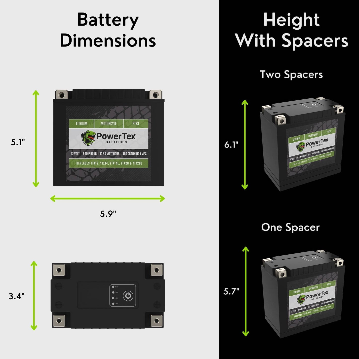 PowerTex Batteries YTX16-BS LiFePO4 Lithium Iron Phosphate Motorcycle Battery