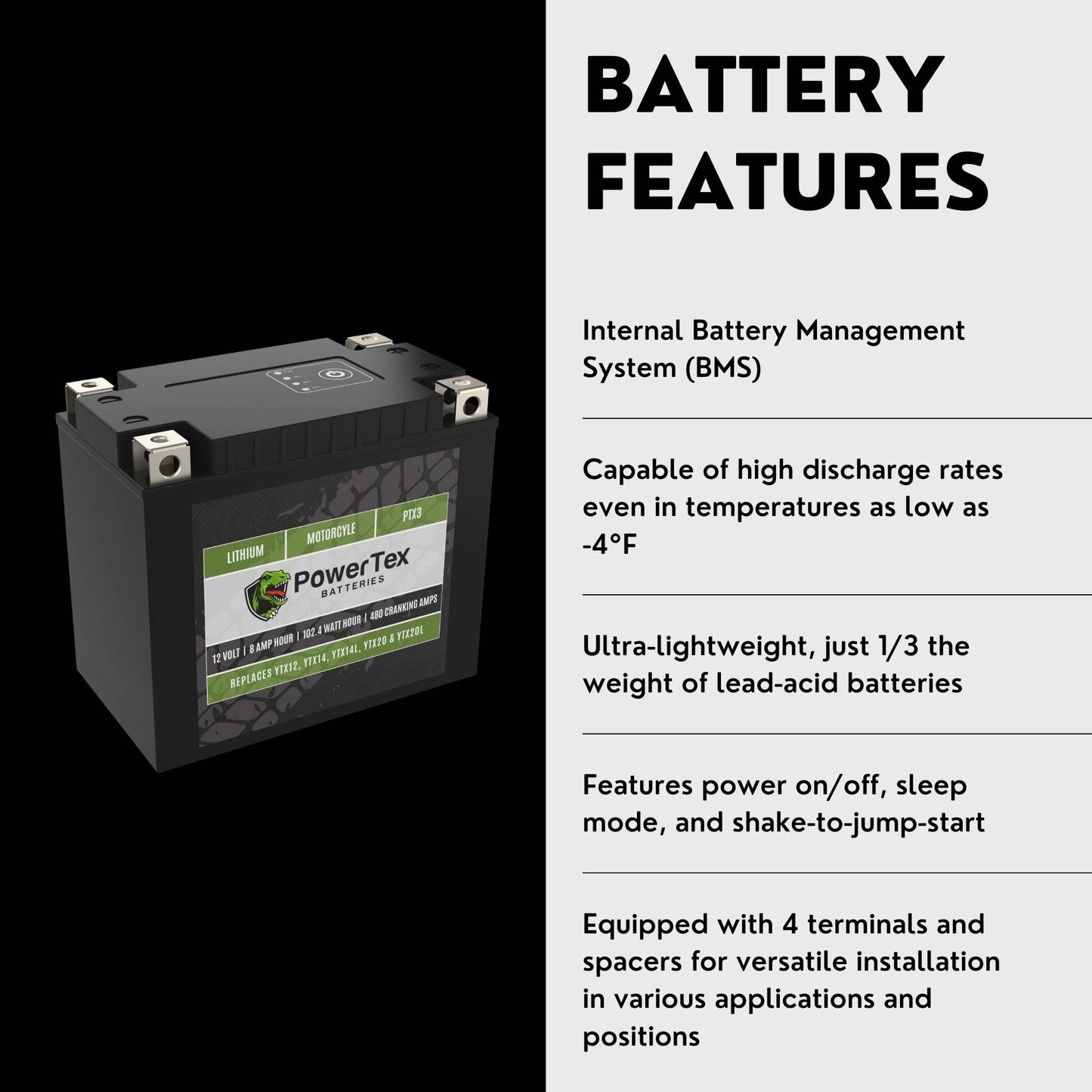 PowerTex Batteries YTX14H-BS LiFePO4 Lithium Iron Phosphate Motorcycle Battery
