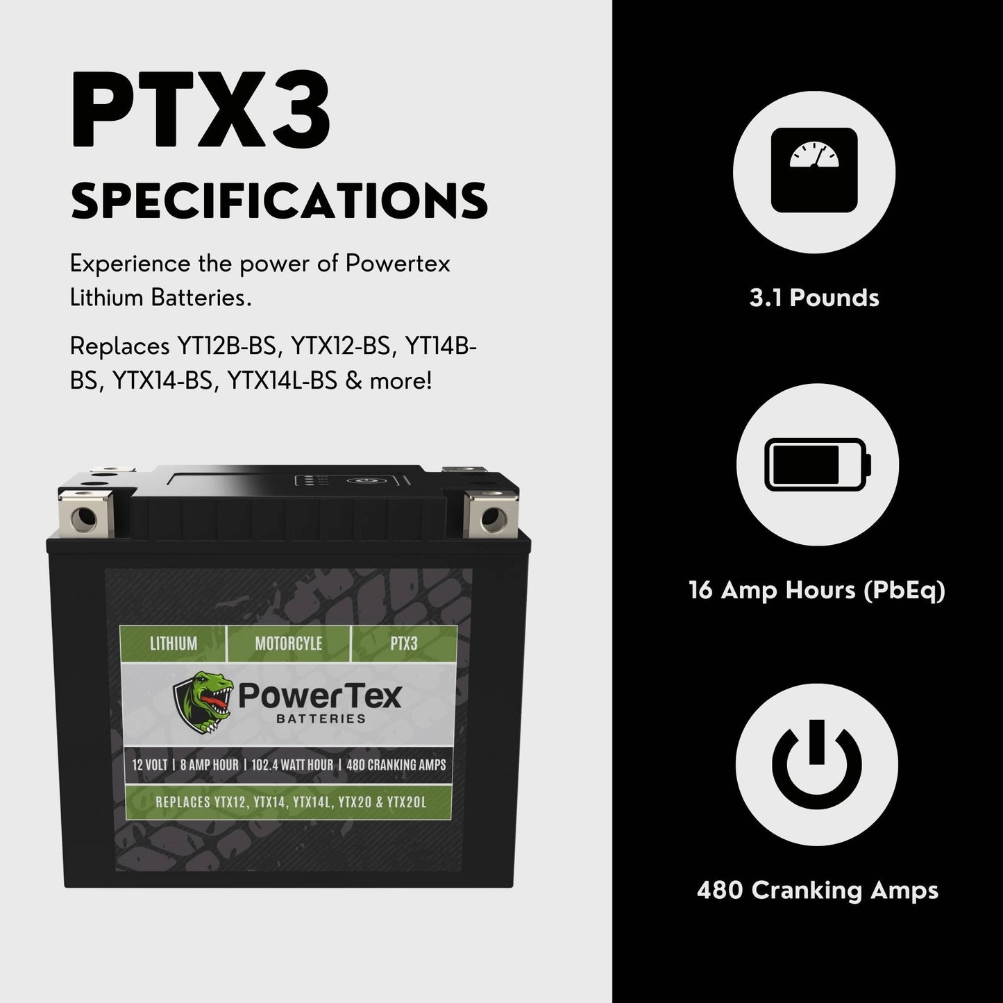 PowerTex Batteries YTX14H-BS LiFePO4 Lithium Iron Phosphate Motorcycle Battery