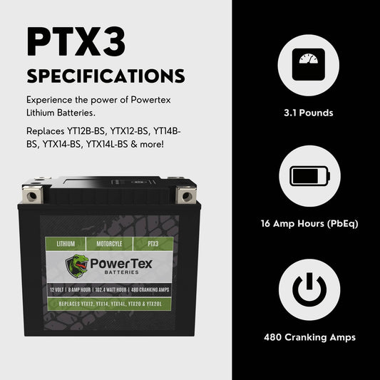 PowerTex Batteries YTX14H-BS LiFePO4 Lithium Iron Phosphate Motorcycle Battery