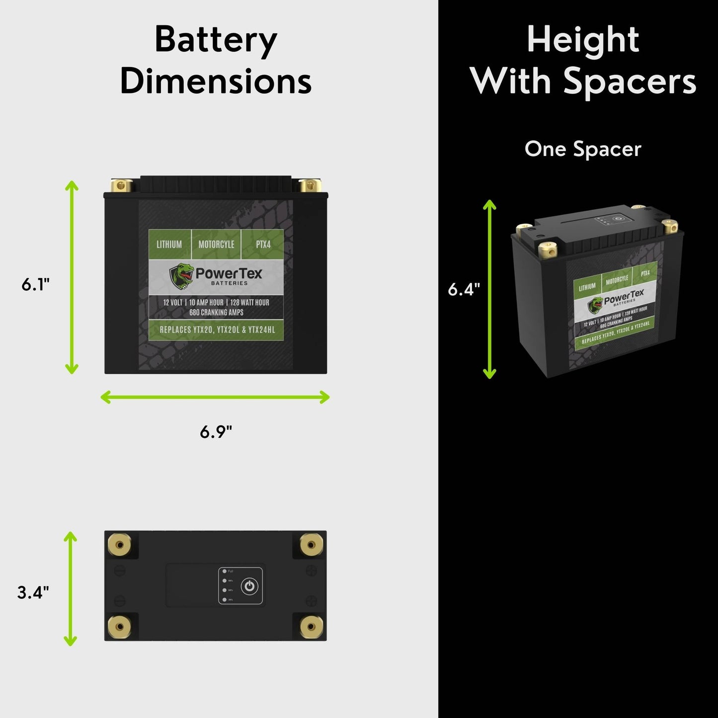 PowerTex Batteries YTX20H-BS LiFePO4 Lithium Iron Phosphate Motorcycle Battery