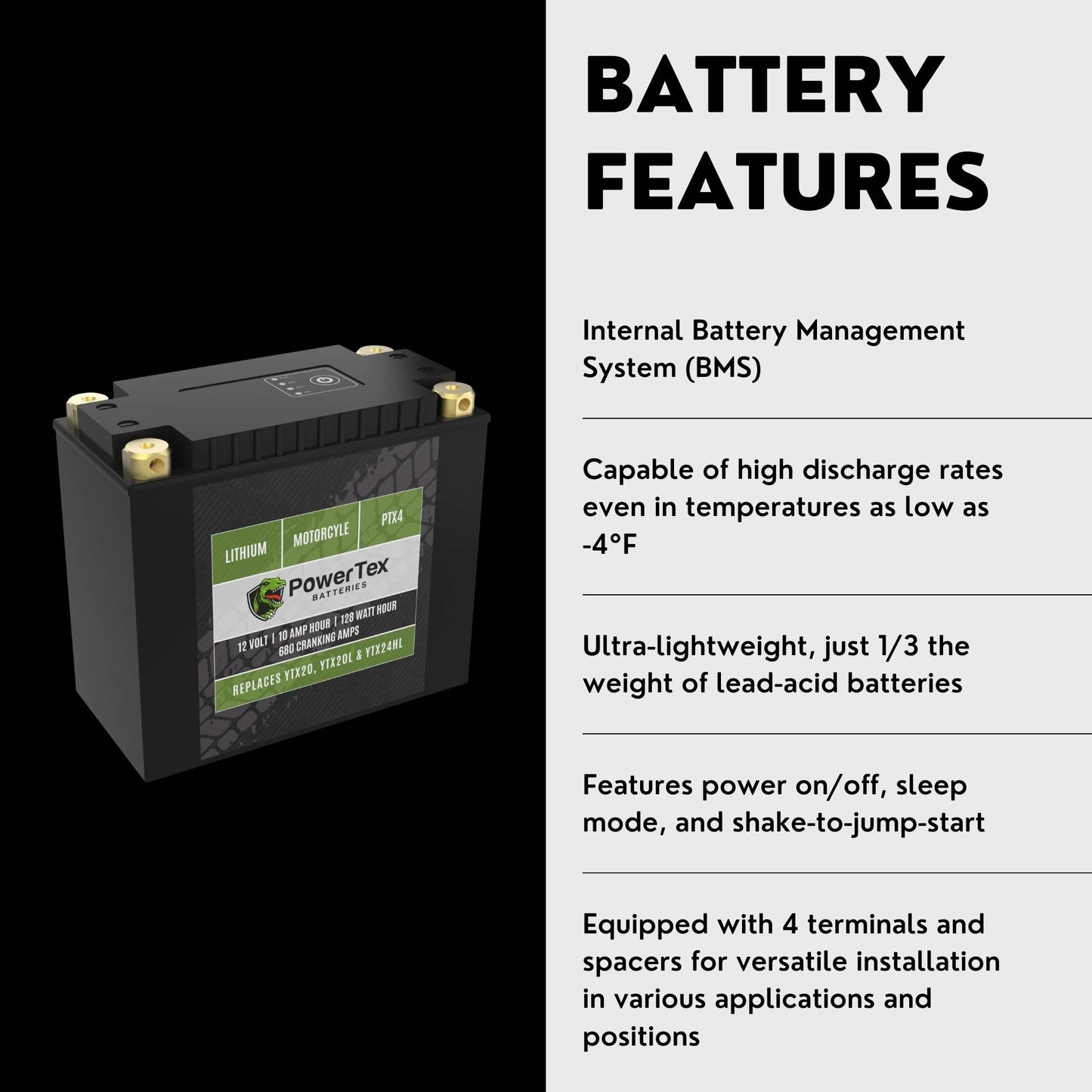 PowerTex Batteries YTX20HL-BS LiFePO4 Lithium Iron Phosphate Motorcycle Battery