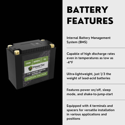 PowerTex Batteries YTX20HL-BS LiFePO4 Lithium Iron Phosphate Motorcycle Battery