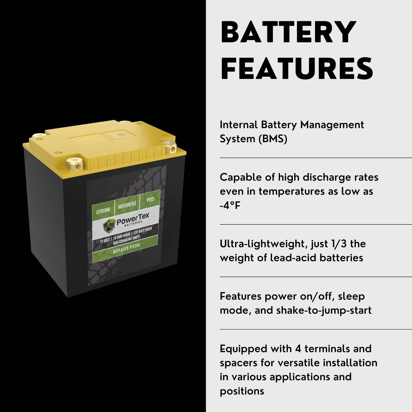 PowerTex 1993 BMW K75RT ABS Lithium Battery Replacement YTX30L-BS LiFePO4 For Motorcyle - PTX30L-12