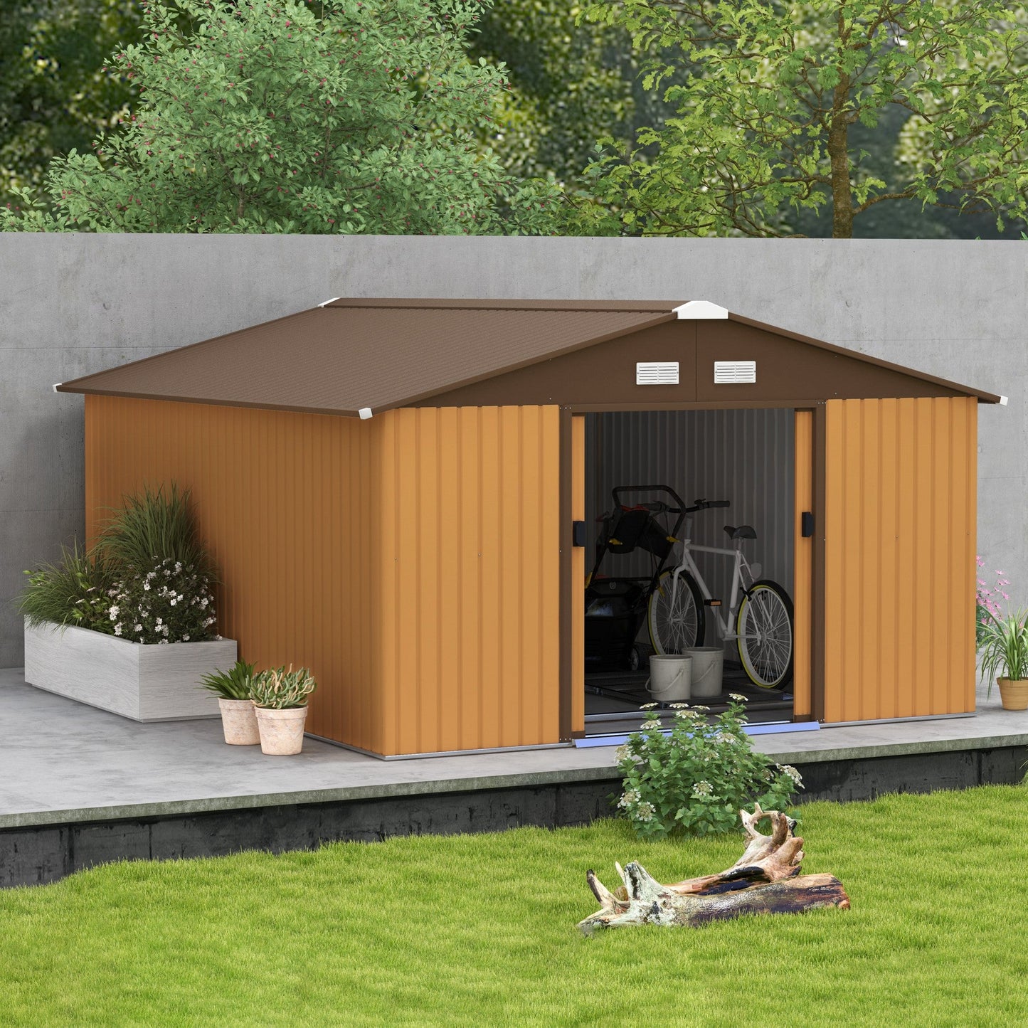 Outsunny EverBase 11' x 13' Outdoor Storage Shed with Double Lockable Door & Air Vents, Yellow - 845-031V01YL