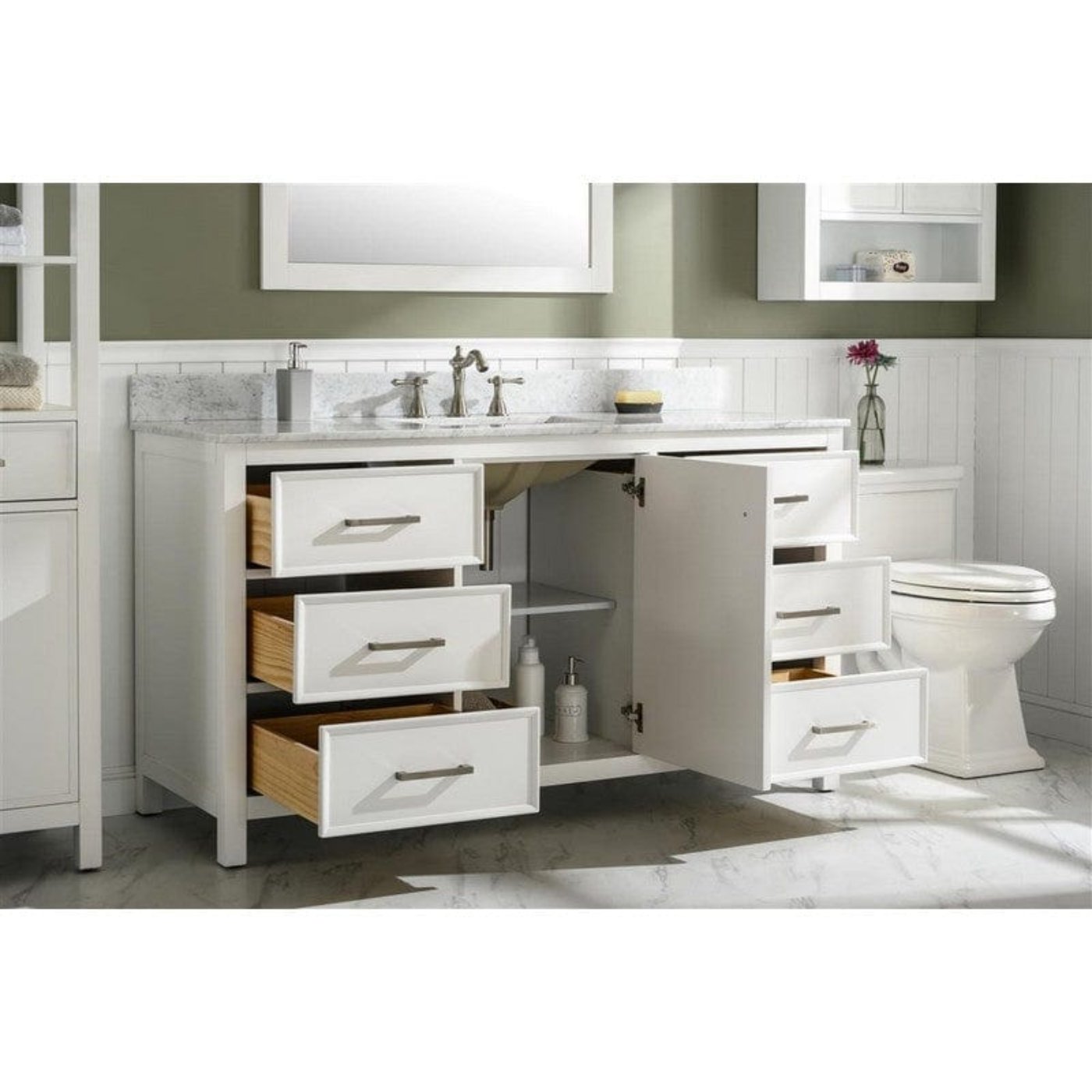 Legion Furniture WLF2154-W 54 Inch White Finish Double Sink Vanity Cabinet with Carrara White Top