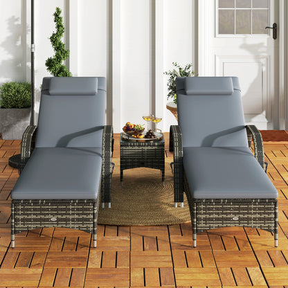 Outsunny 3-Piece Wicker Chaise Lounge Chair Set with Side Table, 5-Level Adjustable Backrest, Gray - 862-014V02GY