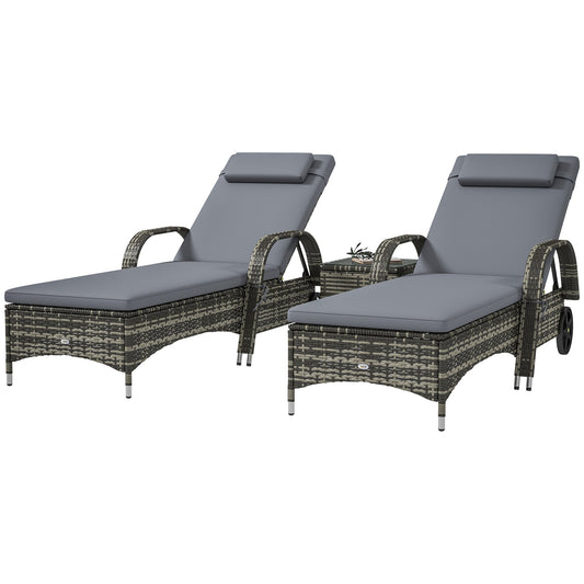 Outsunny 3-Piece Wicker Chaise Lounge Chair Set with Side Table, 5-Level Adjustable Backrest, Gray - 862-014V02GY