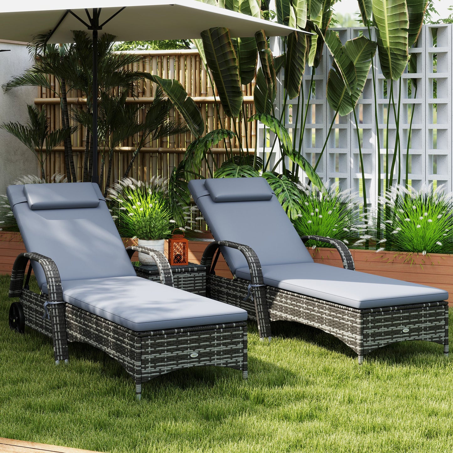 Outsunny 3-Piece Wicker Chaise Lounge Chair Set with Side Table, 5-Level Adjustable Backrest, Gray - 862-014V02GY