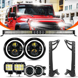 Auxbeam 7" LED Halo Headlights + 4" LED Fog Lights with DRL + 5D-PRO 52" Straight LED Light Bar + Mounting Brackets + 18W Spot Beam Pod Lights Set for Jeep Wrangler JK - GP00007760