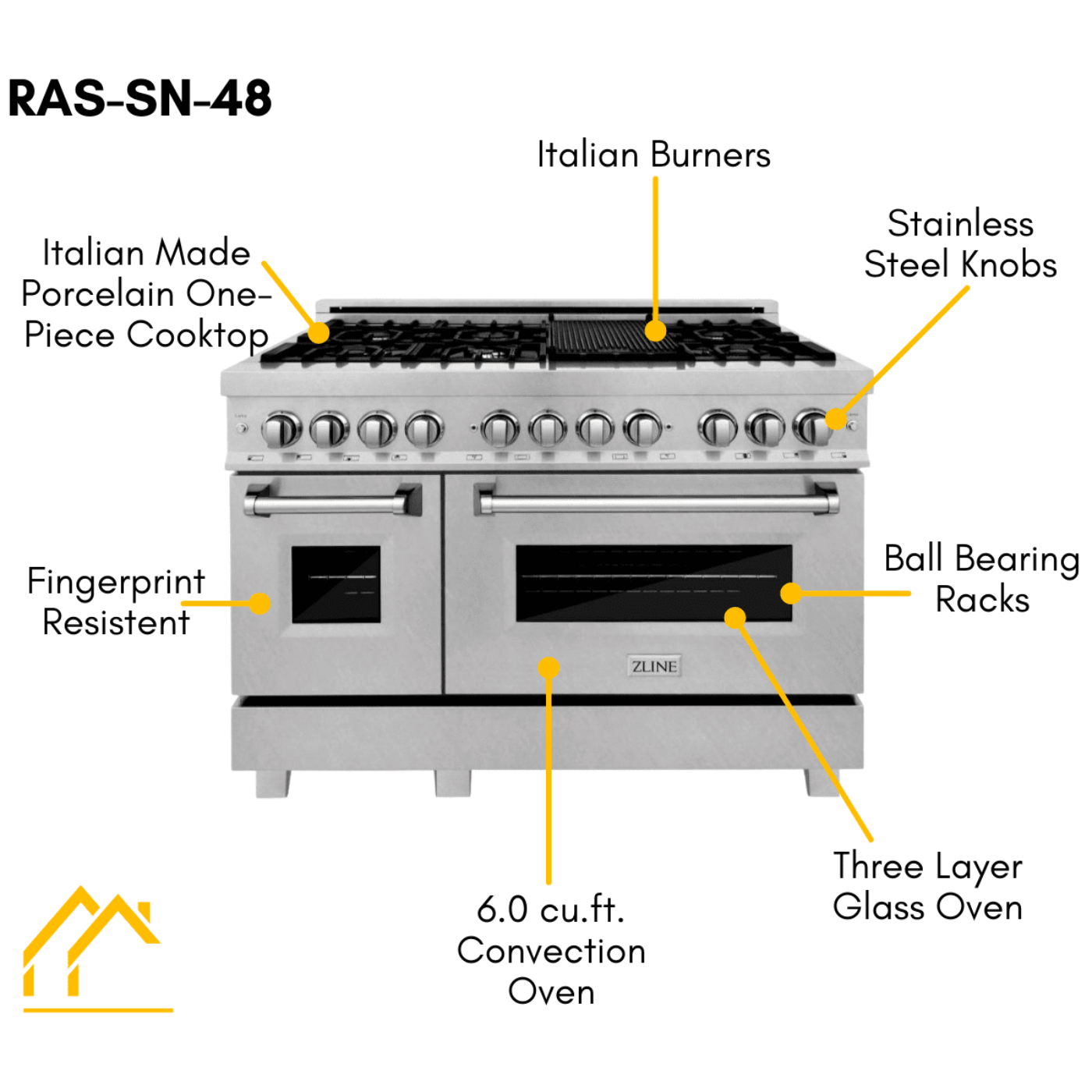 ZLINE 48 in. Professional Gas Burner/Electric Oven in DuraSnow® Stainless with 6.0 cu.ft. Oven, RAS-SN-48