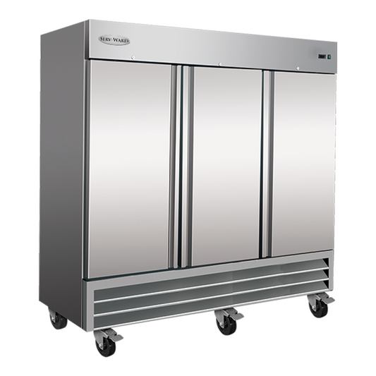 Serv-Ware RF3-HC 81” Stainless Steel Reach-In Refrigerator with 3 Solid Doors, 230v/1ph, 72 cu. ft. - RF3-HC