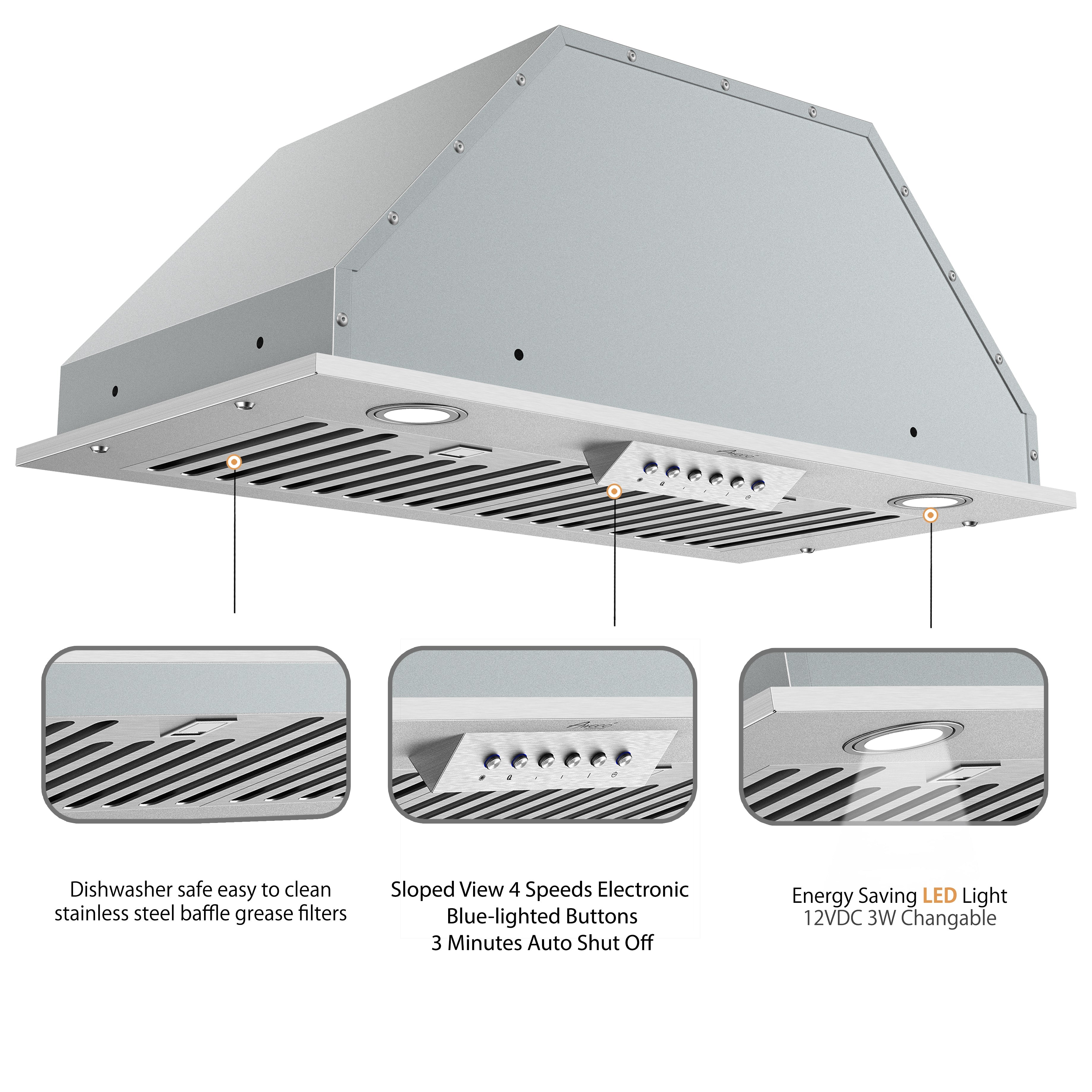 Awoco RH-BQ-M 14-1/2”D Built-in/Insert Stainless Steel Range Hood, 4-Speed, 650 CFM, LED Lights, Baffle Filters for Wood Hood - RH-BQ-M30