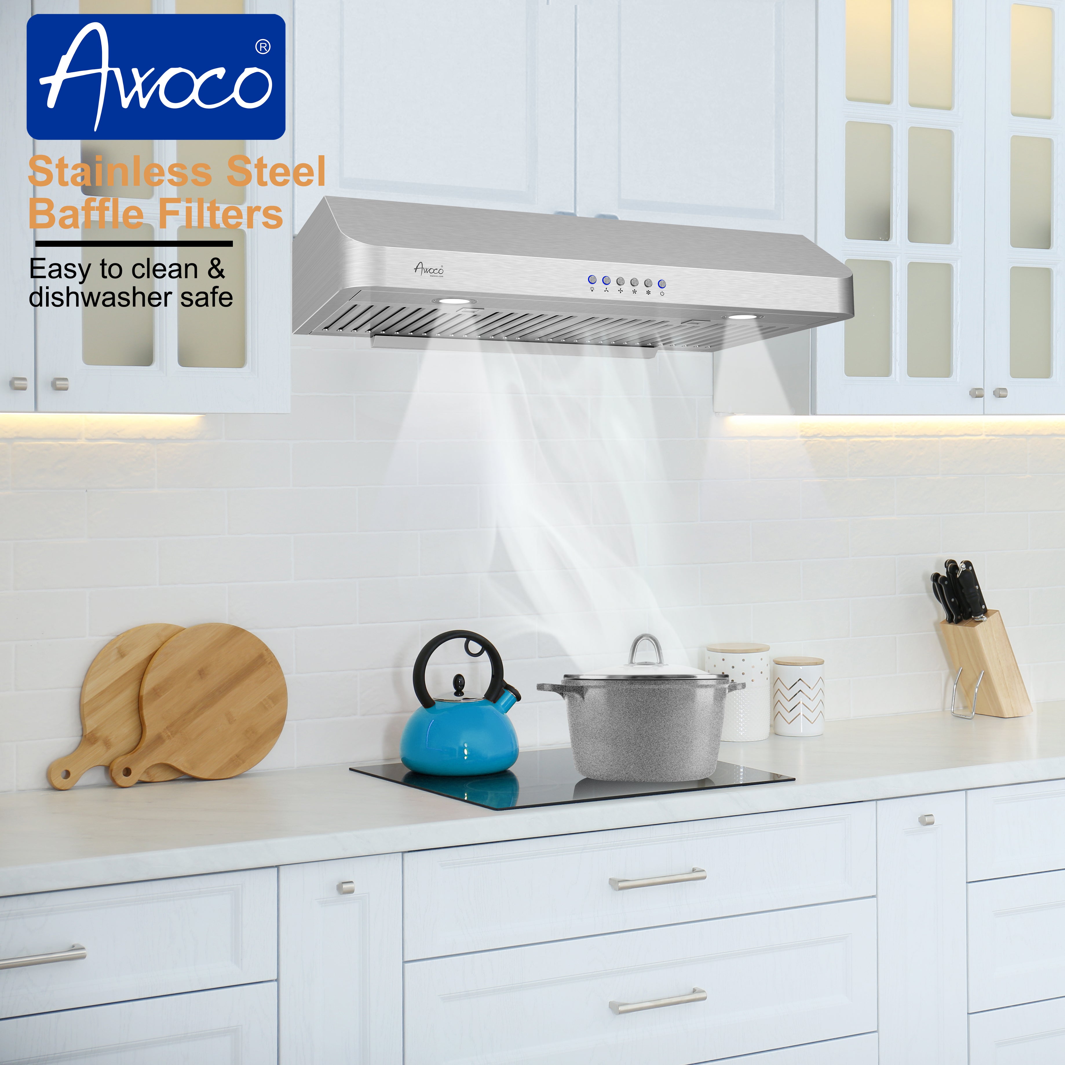 Awoco RH-C06 Under Cabinet Classic 6” High Stainless Steel Range Hood, 4 Speeds, Top Vent 900CFM w/ LED Lights - RH-C06-30-COLD