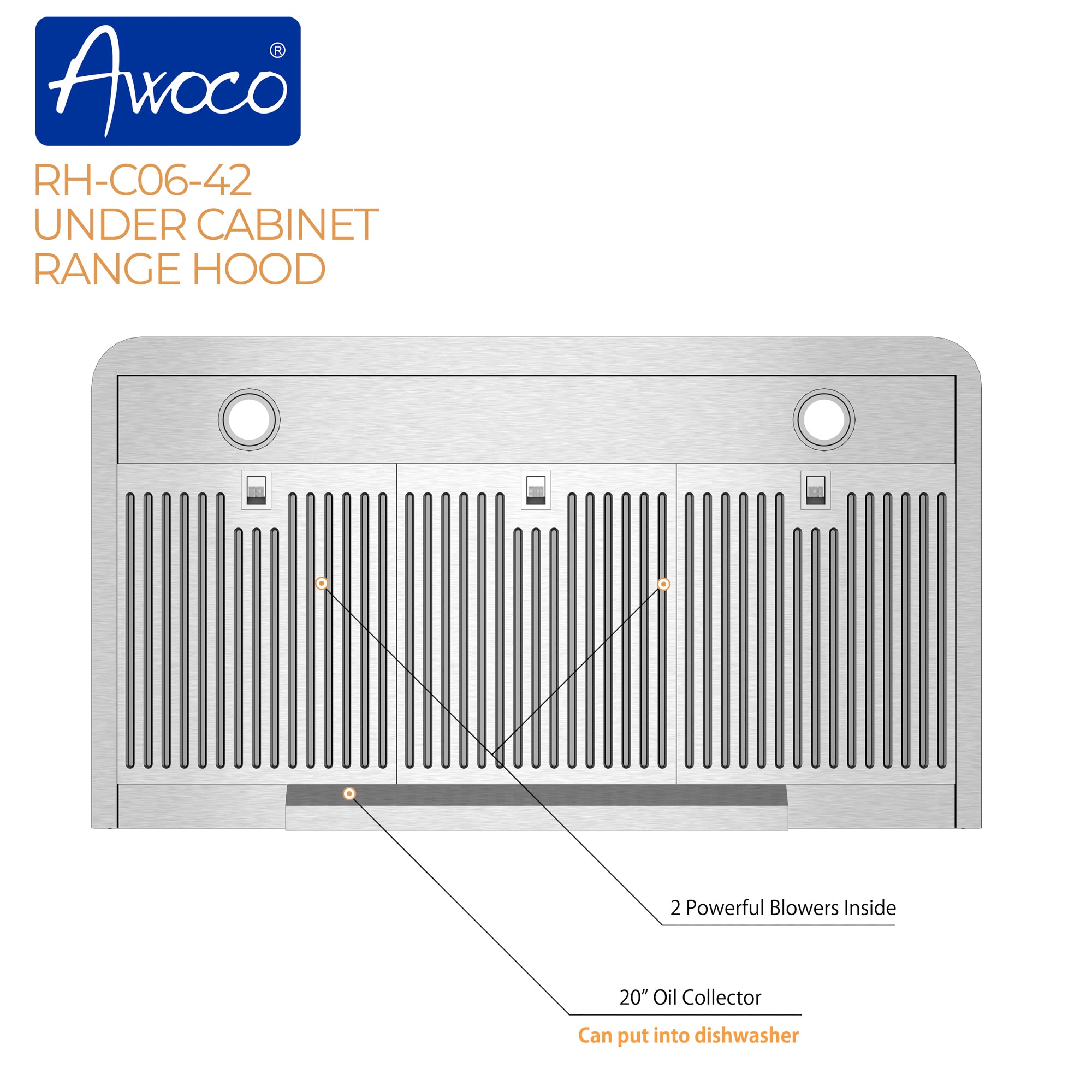 Awoco RH-C06 Under Cabinet Classic 6” High Stainless Steel Range Hood, 4 Speeds, Top Vent 900CFM w/ LED Lights - RH-C06-30-COLD