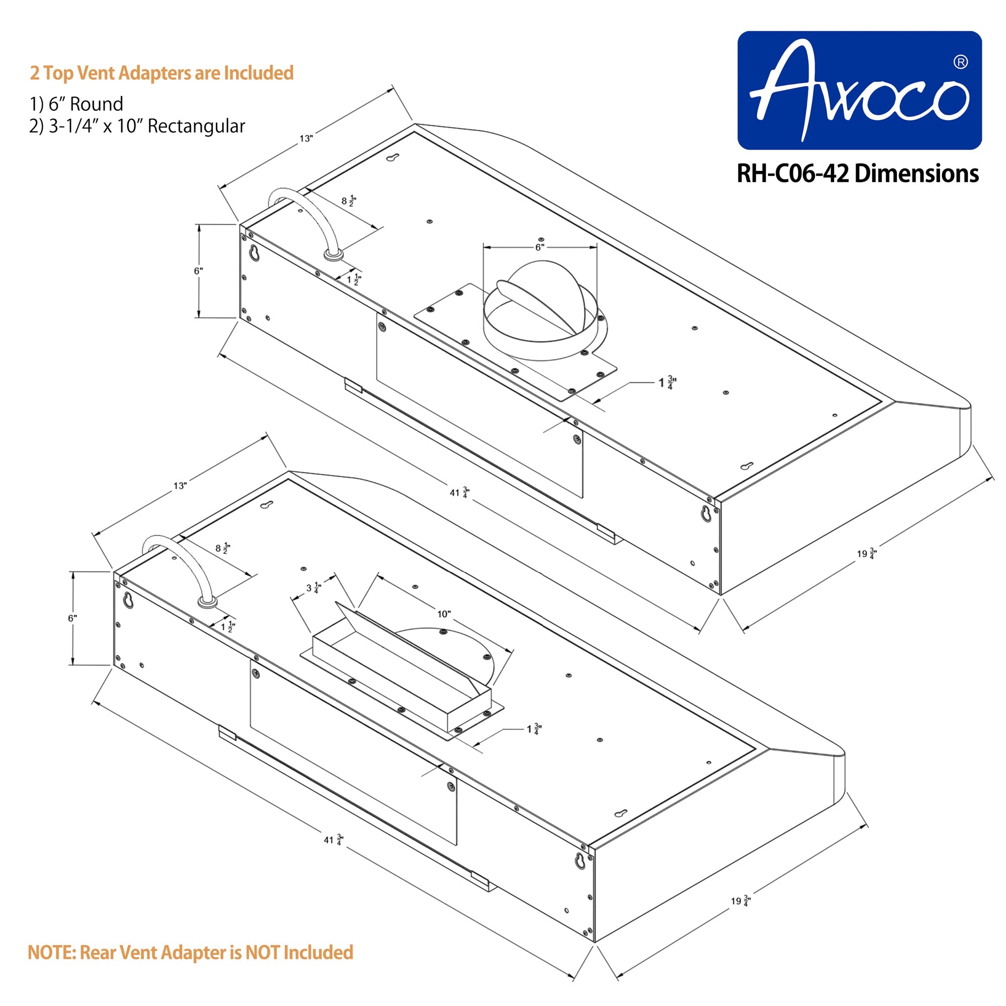 Awoco RH-C06 Under Cabinet Classic 6” High Stainless Steel Range Hood, 4 Speeds, Top Vent 900CFM w/ LED Lights - RH-C06-30-COLD