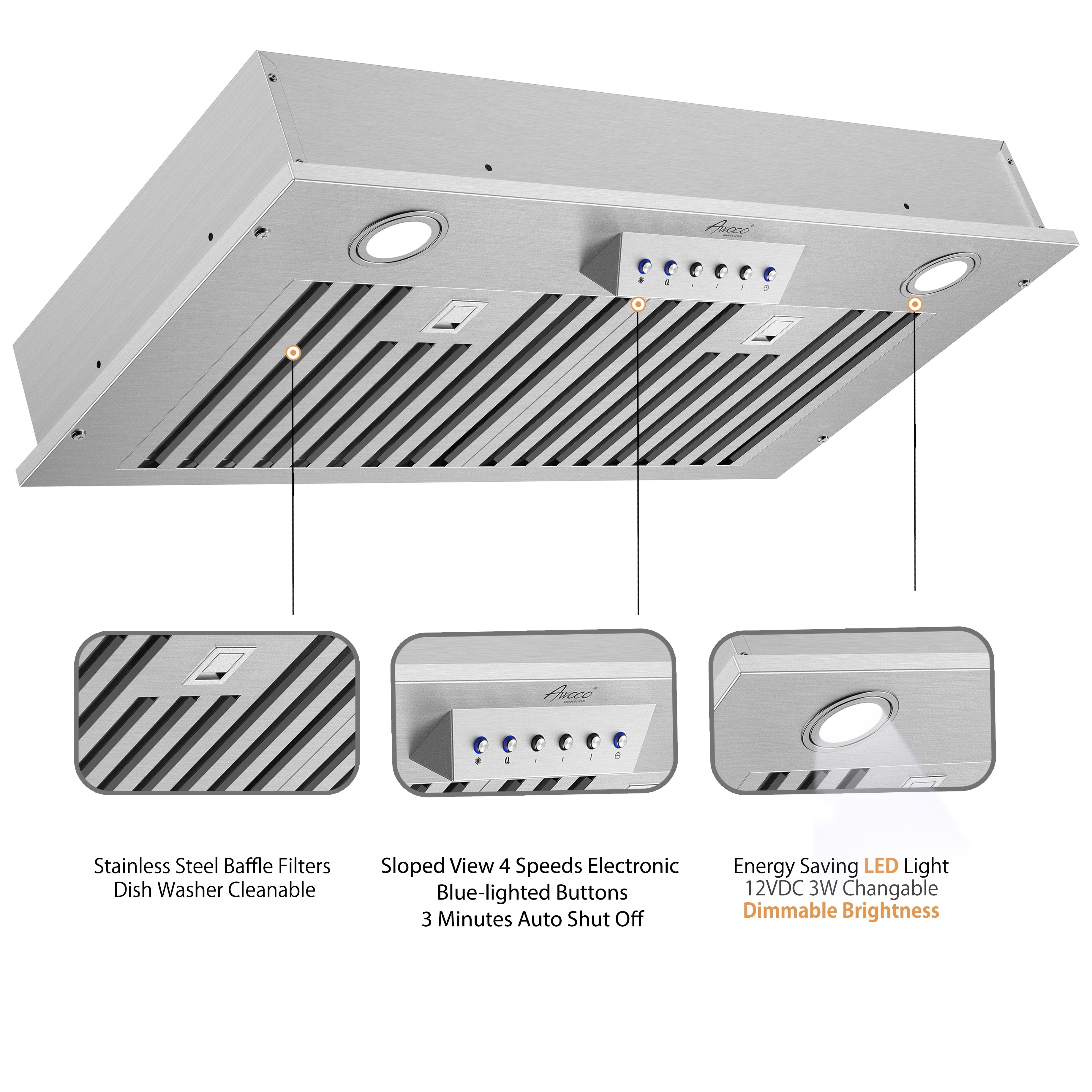 Awoco RH-IT06-M 14-1/2"D Super Quiet Split Insert Stainless Steel Range Hood, 4 Speeds with a 6" Blower Unit, 800CFM, LED Lights - RH-IT06-M30-COLD