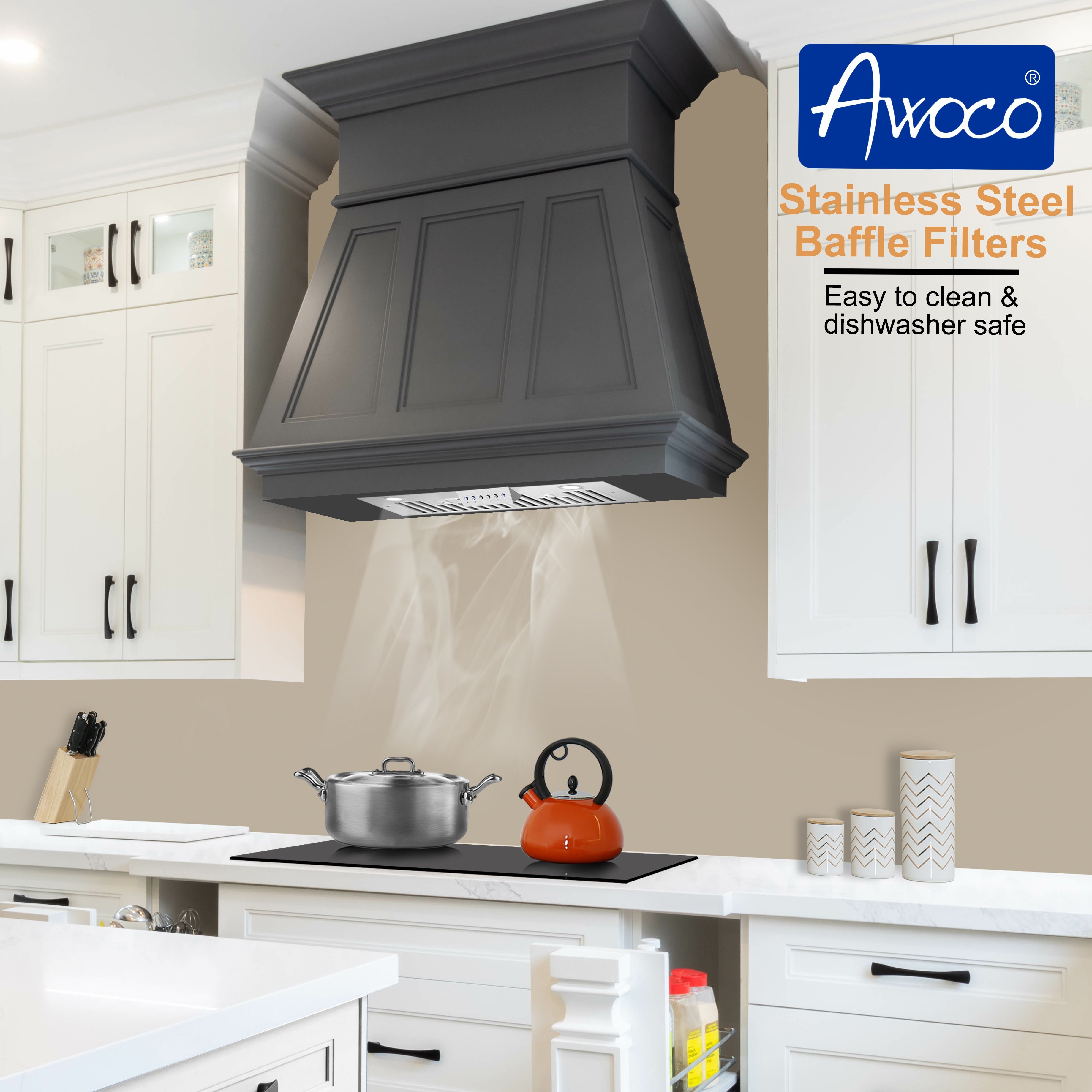 Awoco RH-IT06-M 14-1/2"D Super Quiet Split Insert Stainless Steel Range Hood, 4 Speeds with a 6" Blower Unit, 800CFM, LED Lights - RH-IT06-M30-COLD