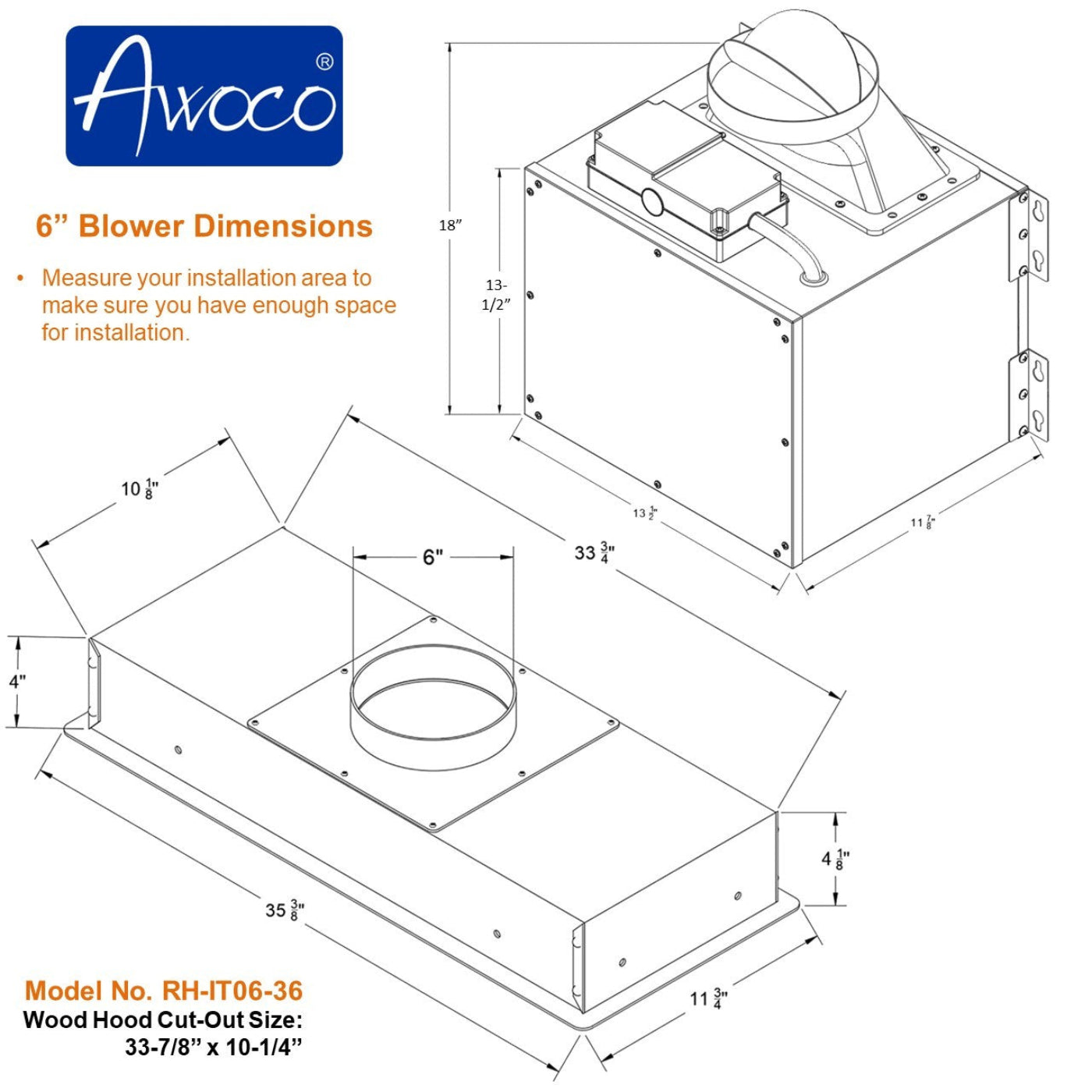 Awoco RH-IT06 11-3/4"D Super Quiet Split Insert Stainless Steel Range Hood, 4 Speeds with a 6” Blower Unit, 800CFM, Mesh Filters, LED Lights - RH-IT06-30-COLD Price