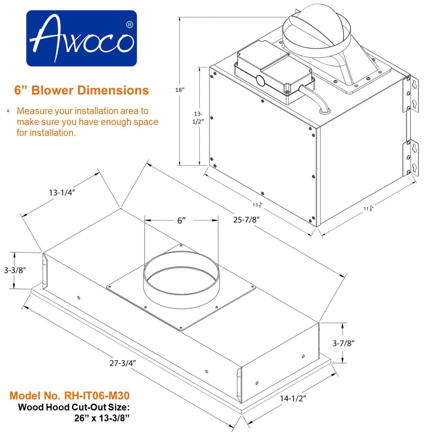 Awoco RH-IT06-M 14-1/2"D Super Quiet Split Insert Stainless Steel Range Hood, 4 Speeds with a 6" Blower Unit, 800CFM, LED Lights - RH-IT06-M30-COLD