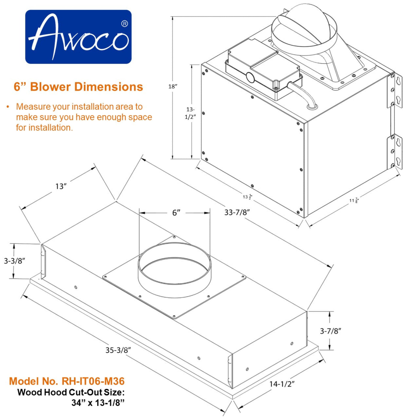 Awoco RH-IT06-M 14-1/2"D Super Quiet Split Insert Stainless Steel Range Hood, 4 Speeds with a 6" Blower Unit, 800CFM, LED Lights - RH-IT06-M30-COLD