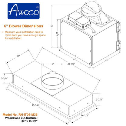 Awoco RH-IT06-M 14-1/2"D Super Quiet Split Insert Stainless Steel Range Hood, 4 Speeds with a 6" Blower Unit, 800CFM, LED Lights - RH-IT06-M30-COLD