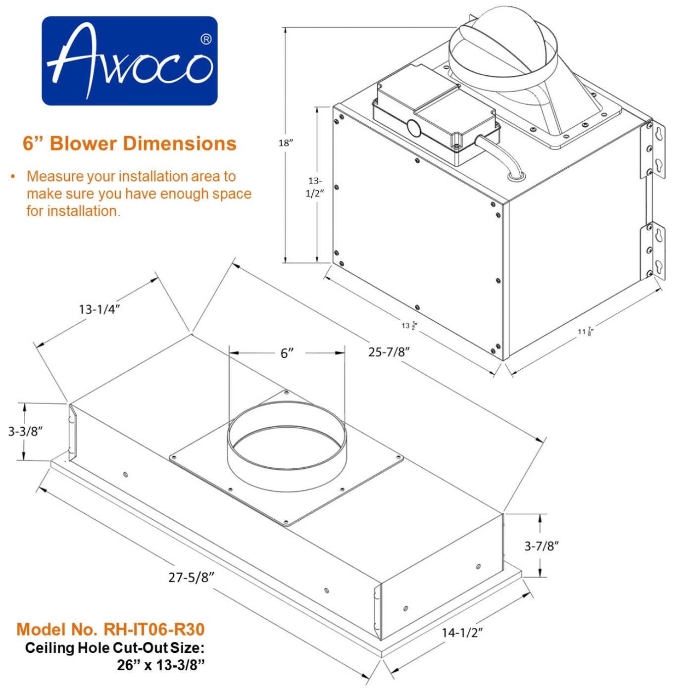 Awoco RH-IT06-R Ceiling Mount 14-1/2”D Super Quiet Split Stainless Steel Range Hood, 4-Speed, 800 CFM, Mesh Filters, Remote Control with 6” Blower - RH-IT06-R30-COLD