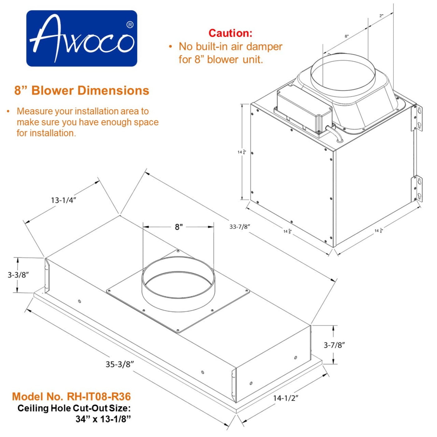 Awoco RH-IT08-R Ceiling Mount 14-1/2”D Super Quiet Split Stainless Steel Range Hood, 4-Speed, 1000 CFM, Mesh Filters, Remote Control with 8” Blower - RH-IT08-R30-COLD