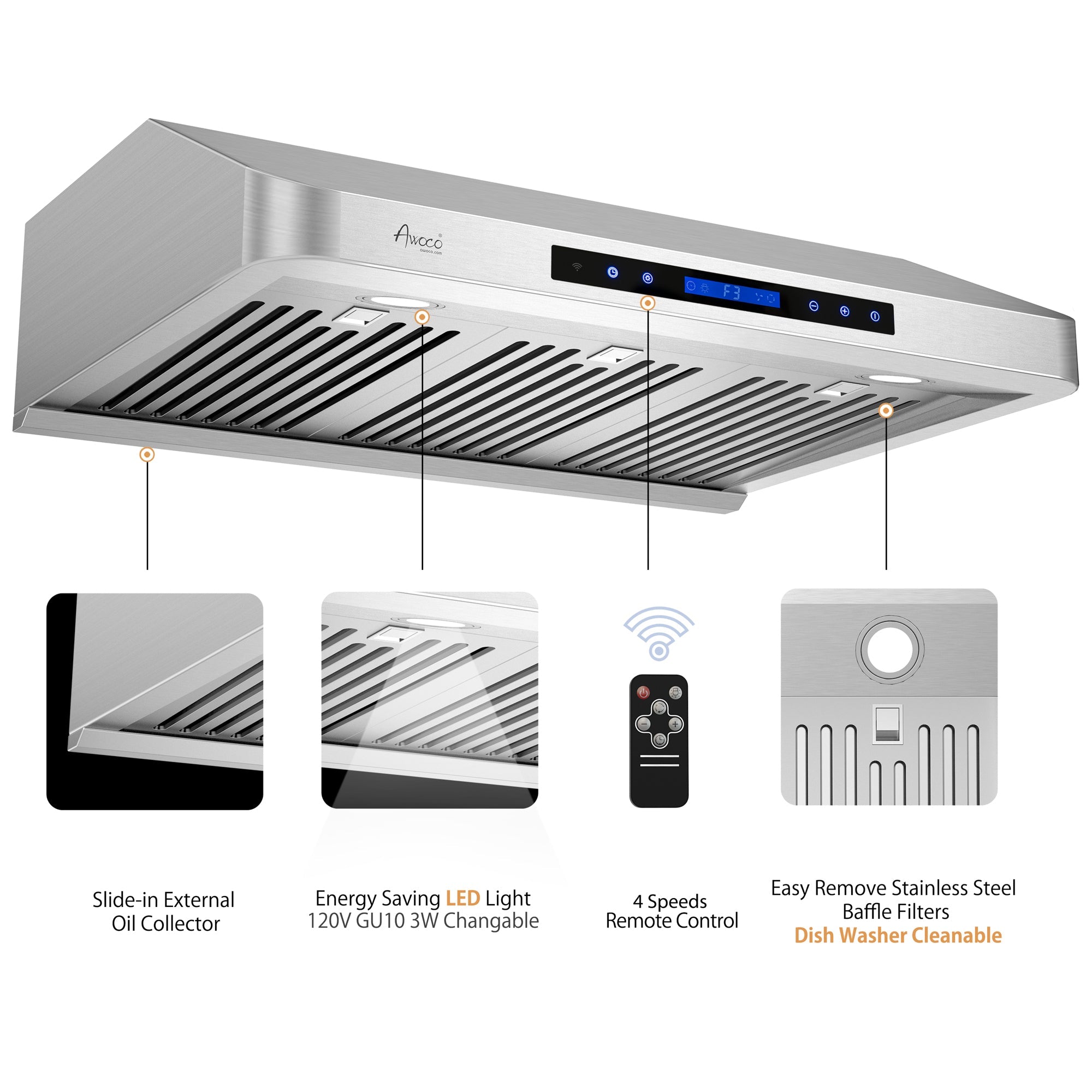 Awoco RH-S10-S Under Cabinet Supreme 7” High Stainless Steel Range Hood, 4 Speeds, 8” Round Top Vent, 1000CFM, with Remote Control - RH-S10-30S