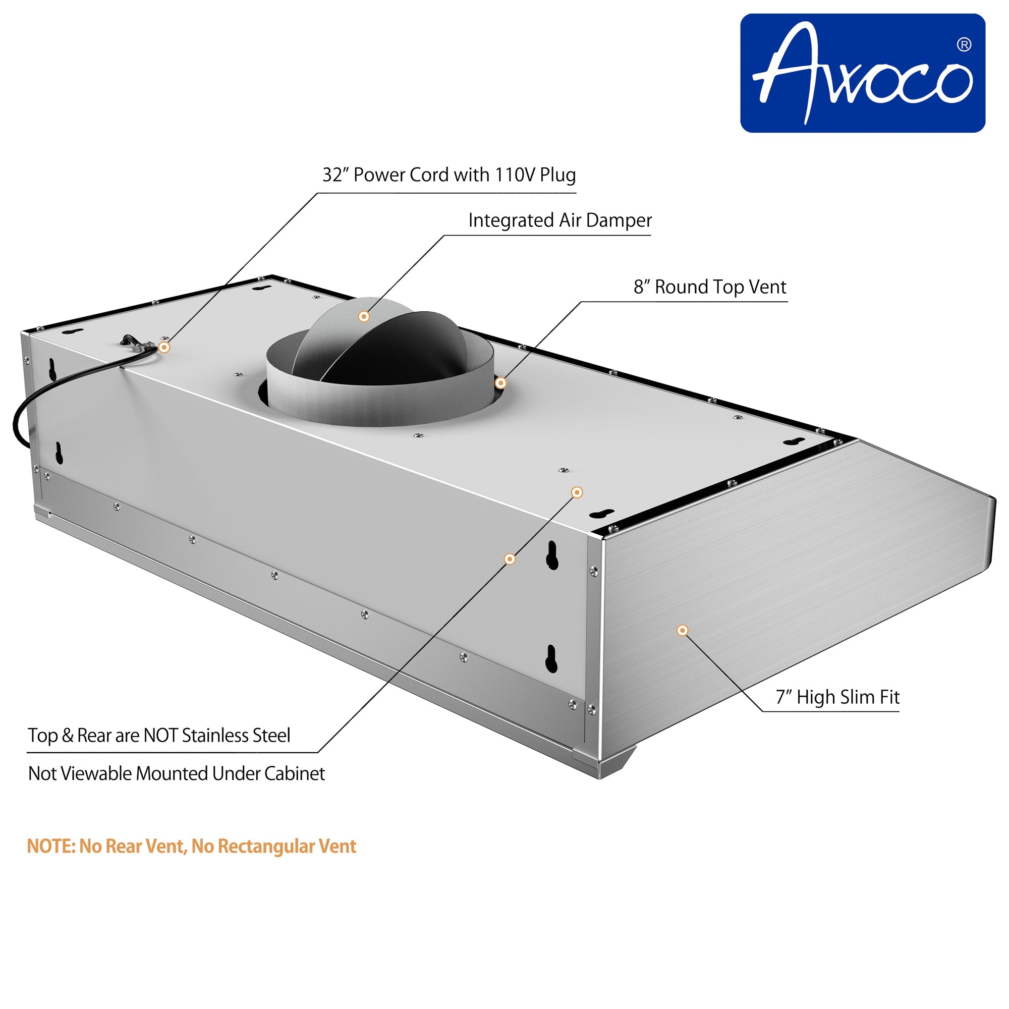 Awoco RH-S10-S Under Cabinet Supreme 7” High Stainless Steel Range Hood, 4 Speeds, 8” Round Top Vent, 1000CFM, with Remote Control - RH-S10-30S