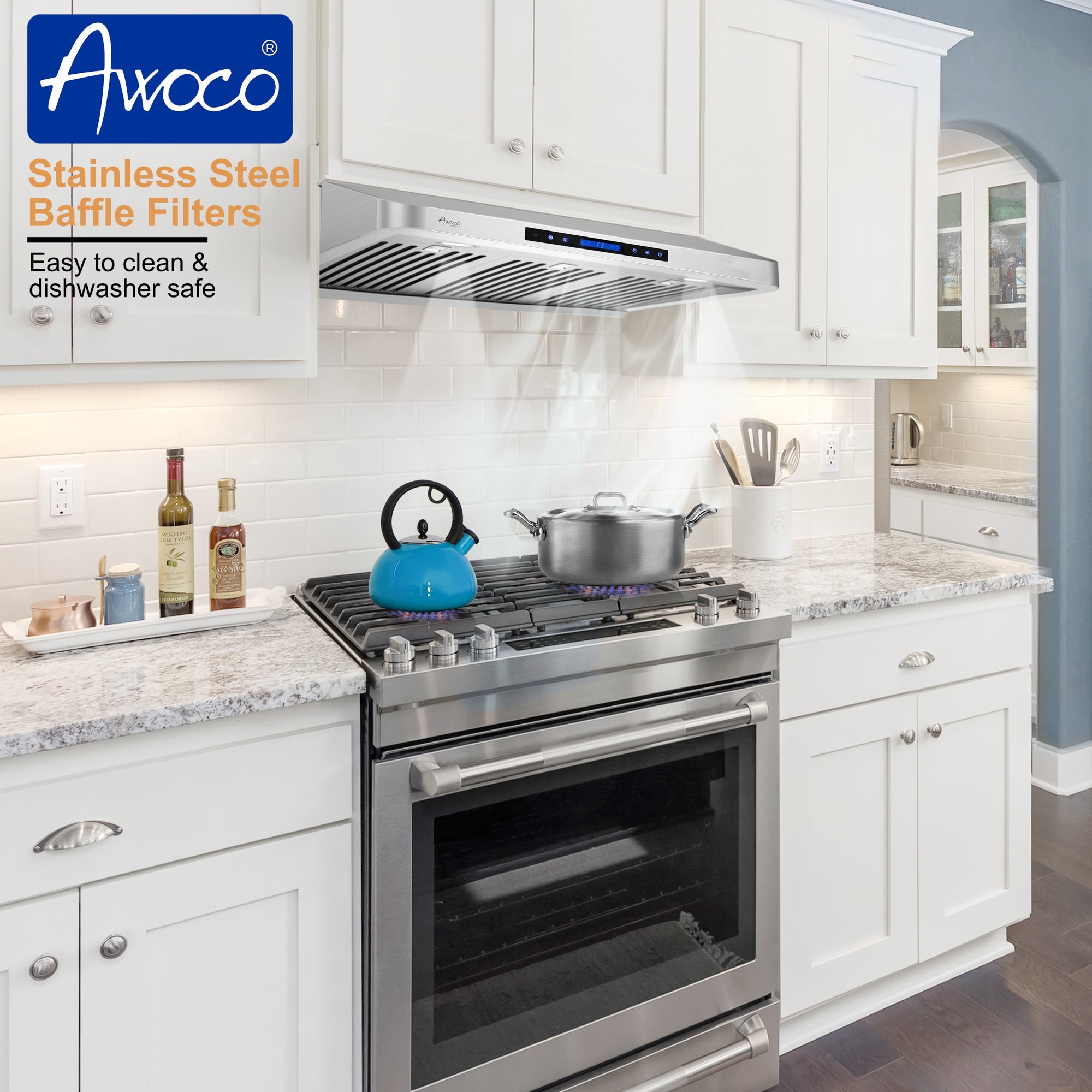 Awoco RH-S10-S Under Cabinet Supreme 7” High Stainless Steel Range Hood, 4 Speeds, 8” Round Top Vent, 1000CFM, with Remote Control - RH-S10-30S