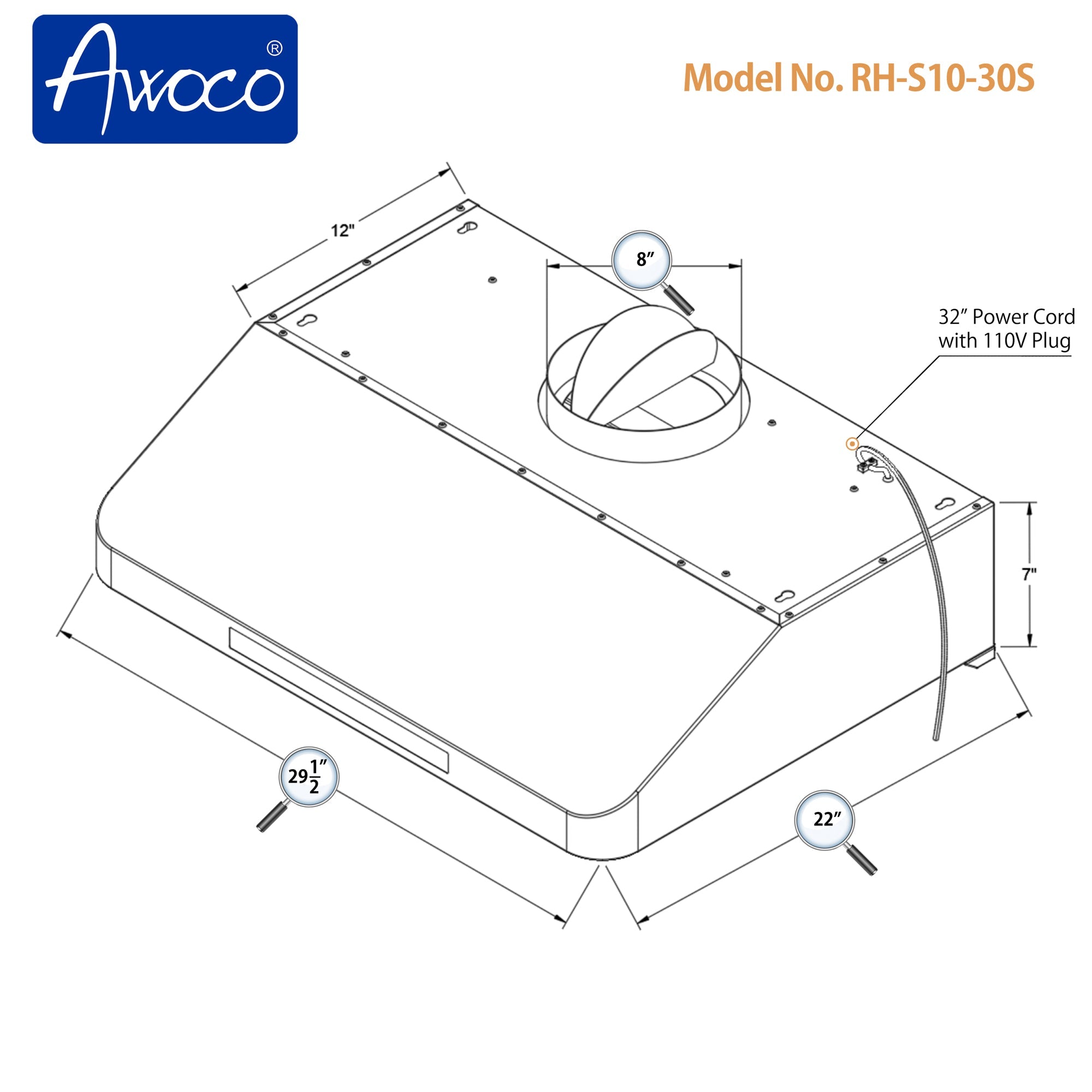 Awoco RH-S10-S Under Cabinet Supreme 7” High Stainless Steel Range Hood, 4 Speeds, 8” Round Top Vent, 1000CFM, with Remote Control - RH-S10-30S