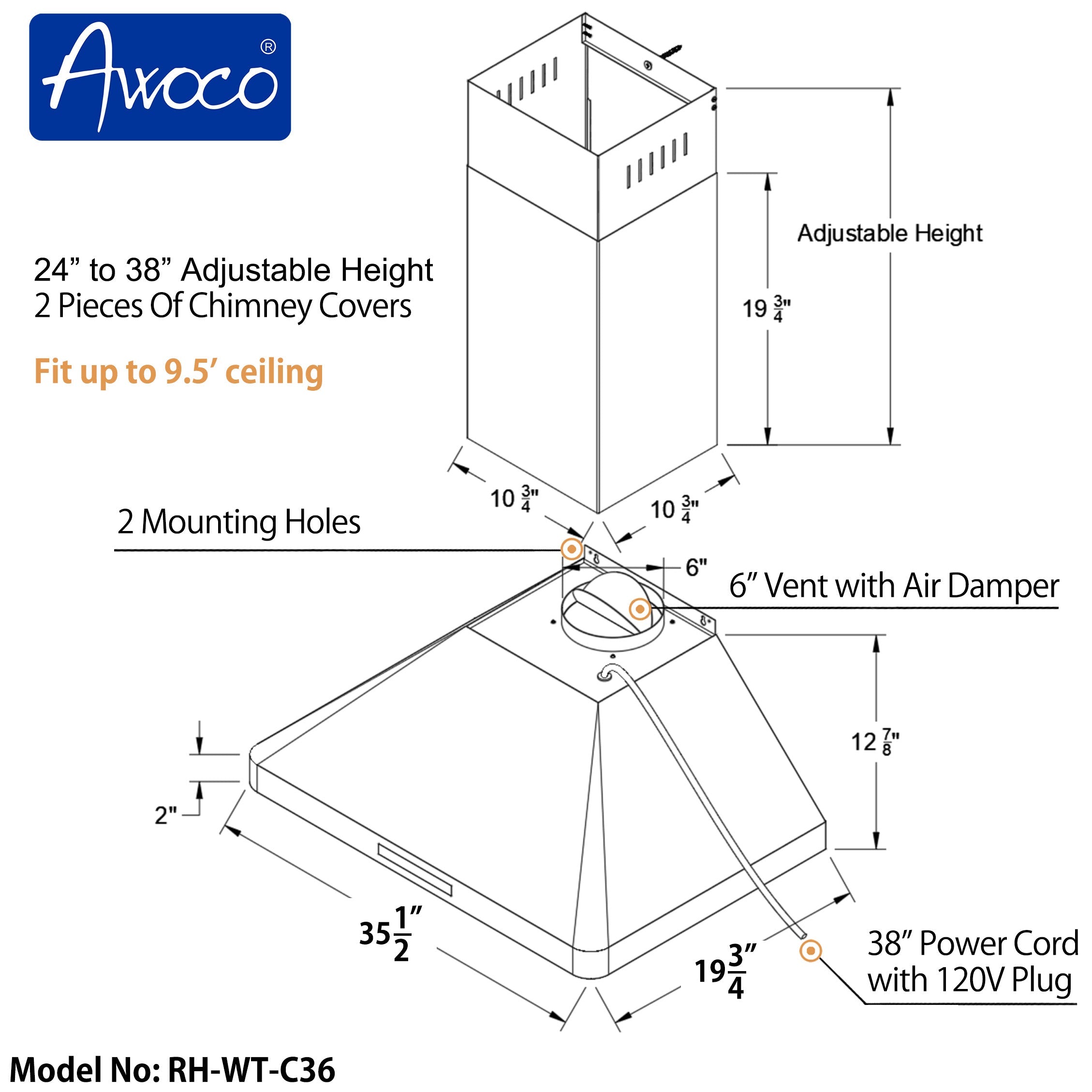 Awoco RH-WT-C Wall Mount Stainless Steel Range Hood, 3 Speeds, 6” Round Top Vent, 800CFM, 2 LED Lights, with Remote Control - RH-WT-C30