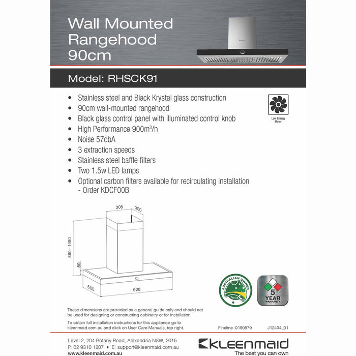 Kleenmaid RHSCK91 90cm Wall Mounted Canopy Rangehood