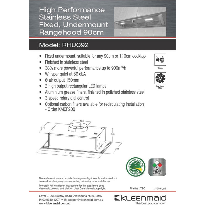 Kleenmaid RHUC92 90cm Stainless Steel Fixed Undermount Rangehood