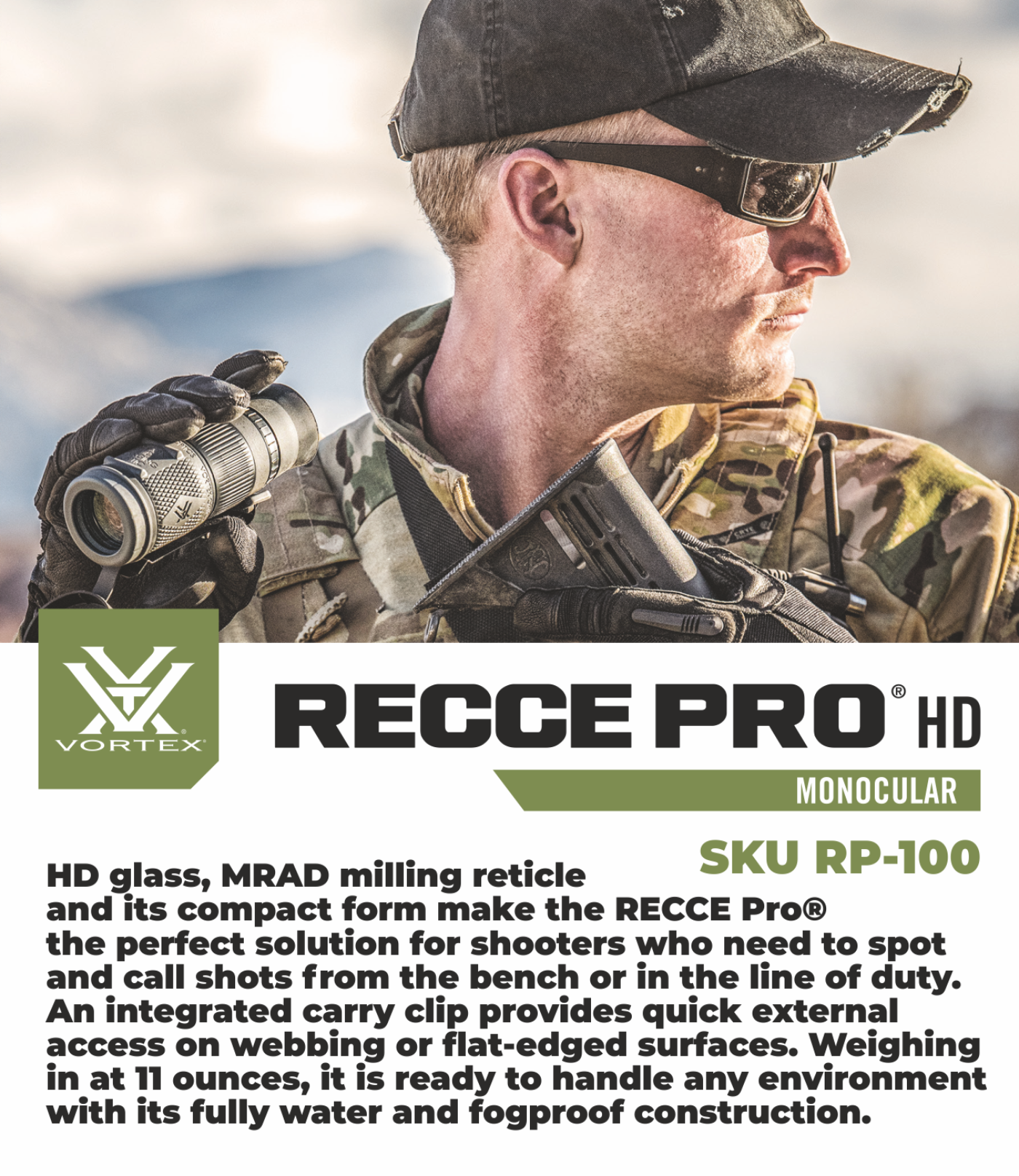 Vortex RECCE PRO HD 8x32 Ranging Ret Monocular with Free Hat Bundle - RP-100_Hat-CD
