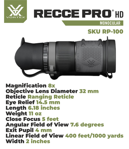 Vortex RECCE PRO HD 8x32 Ranging Ret Monocular with Free Hat Bundle - RP-100_Hat-CD