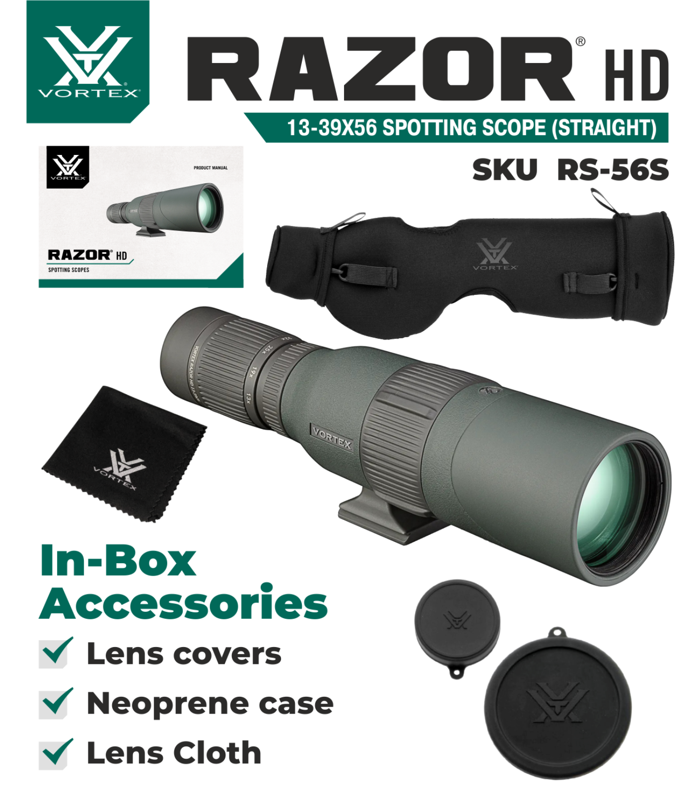Vortex Optics Razor HD 13-39x56 Spotting Scope Straight RS-56S with Bundle - RS-56S