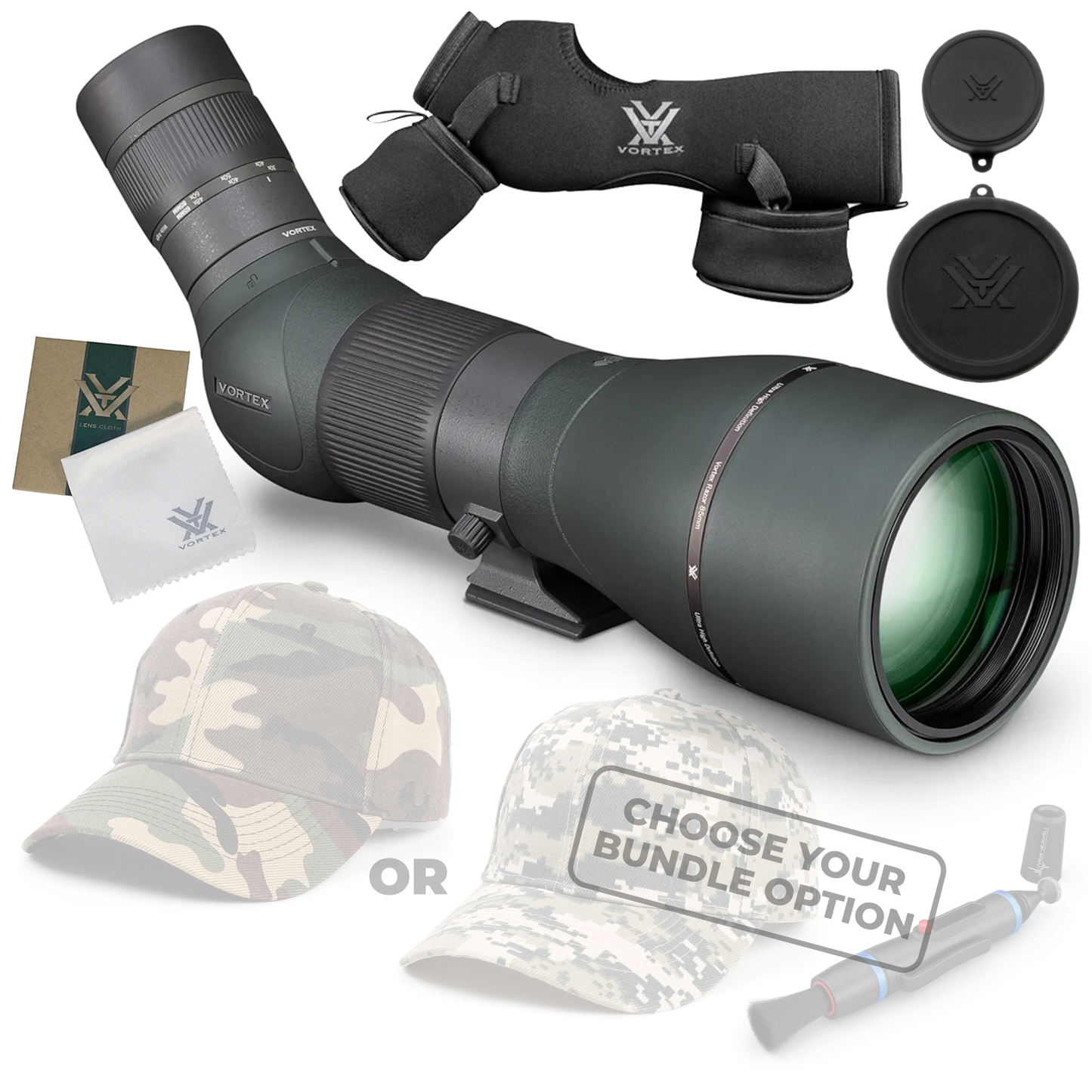 Vortex Optics Razor HD 27-60X85 (Angled) Spotting Scope RS-85A with Free Hat and Wearable4U Bundle - RS-85A_Hat-CD_LCP