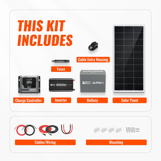 Rich Solar Complete 200W Solar Kit with Battery & Inverter | Off-Grid Solar Power System for RVs, Vans, Cabins & Backup Power | Complete Energy Solution - RS-CK200