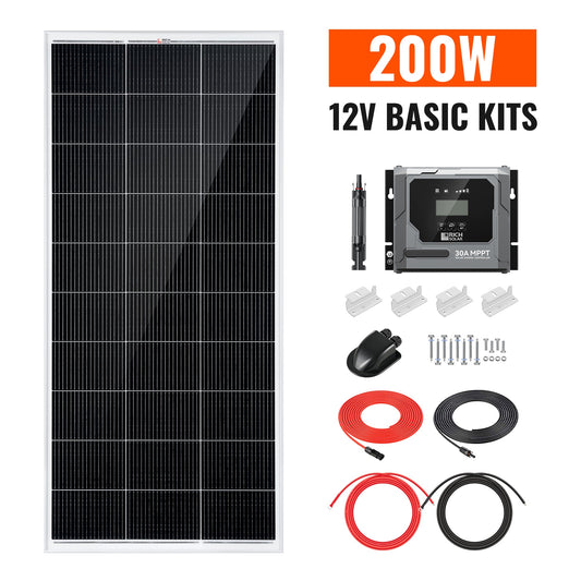 Rich Solar Basic 200 Watt Solar Kit | Solar Panel & Charge Controller Kit for RVs, Vans & Off-Grid Applications | Expandable Solar Charging - RS-K2002