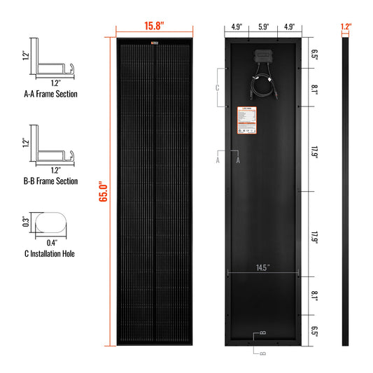 Rich Solar 130 SLIM ONYX | 130 Watt Slim Solar Panel | Compact 12V Narrow Panel for Vans, Campers, Boats   - RS-M130SLB