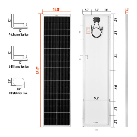 Rich Solar 130 SLIM | 130 Watt Slim Solar Panel | Compact 12V Narrow Panel for Vans, Campers, Boats  - RS-M130SL