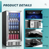 EUHOMY 15 Inch Beverage Refrigerator Cooler Under Counter 127 Cans Beverage Fridge with Glass Door Wine Cooler - BRU-03