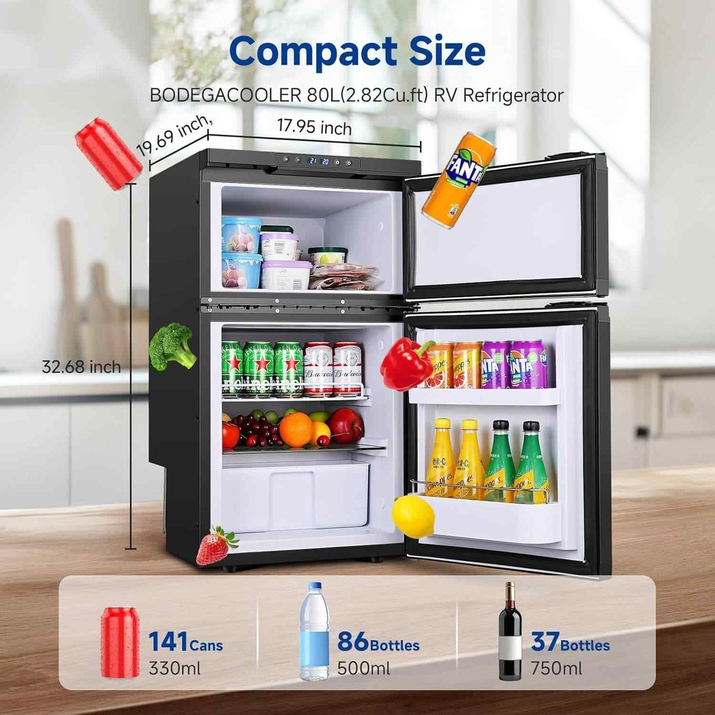 Bodegacooler RV Refrigerater Upright Freezer Dual Doors 80L/2.82 Cu.ft - DR80