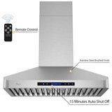 Awoco RH-WT Wall Mount Stainless Steel Range Hood, 4 Speeds, 6” Round Top Vent, 900CFM, 2 LED Lights, with Remote Control - RH-WT-30