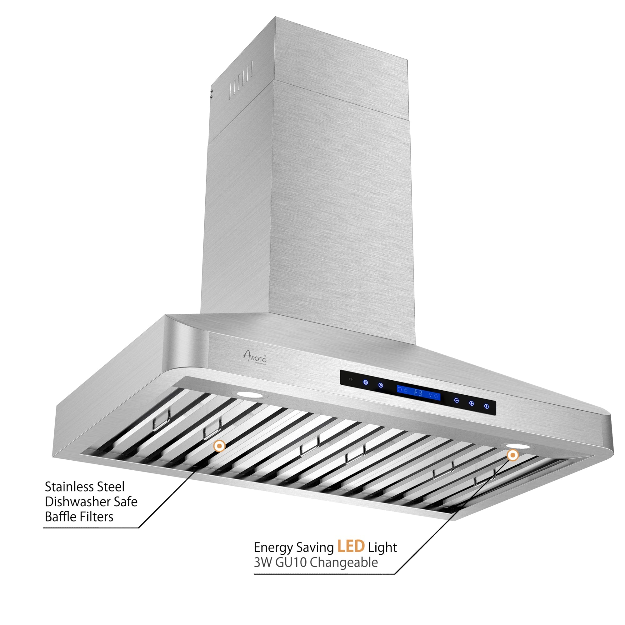 Awoco RH-WT Wall Mount Stainless Steel Range Hood, 4 Speeds, 6” Round Top Vent, 900CFM, 2 LED Lights, with Remote Control - RH-WT-30