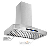 Awoco RH-WT Wall Mount Stainless Steel Range Hood, 4 Speeds, 6” Round Top Vent, 900CFM, 2 LED Lights, with Remote Control - RH-WT-30