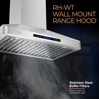 Awoco RH-WT Wall Mount Stainless Steel Range Hood, 4 Speeds, 6” Round Top Vent, 900CFM, 2 LED Lights, with Remote Control - RH-WT-30
